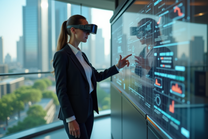 Femme en costume avec lunettes AR dans un bureau moderne