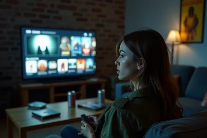 Jeune femme regardant une série d'horreur sur Netflix dans un salon sombre entouré de boîtiers DVD Resident Evil