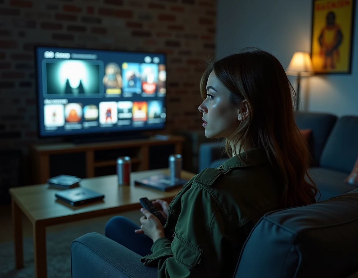 Jeune femme regardant une série d'horreur sur Netflix dans un salon sombre entouré de boîtiers DVD Resident Evil