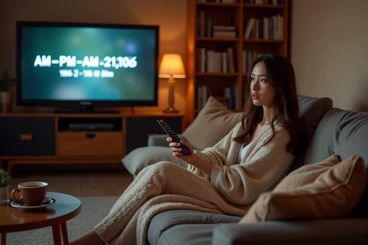 Jeune femme regardant une série en version originale avec des références horaires AM PM affichées à l'écran