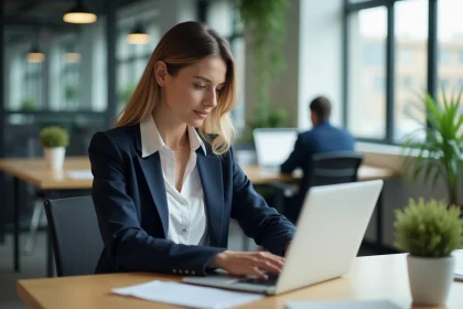 Femme professionnelle relisant un email sur son ordinateur portable dans un bureau moderne, illustrant l'importance de la rédaction soignée en contexte professionnel