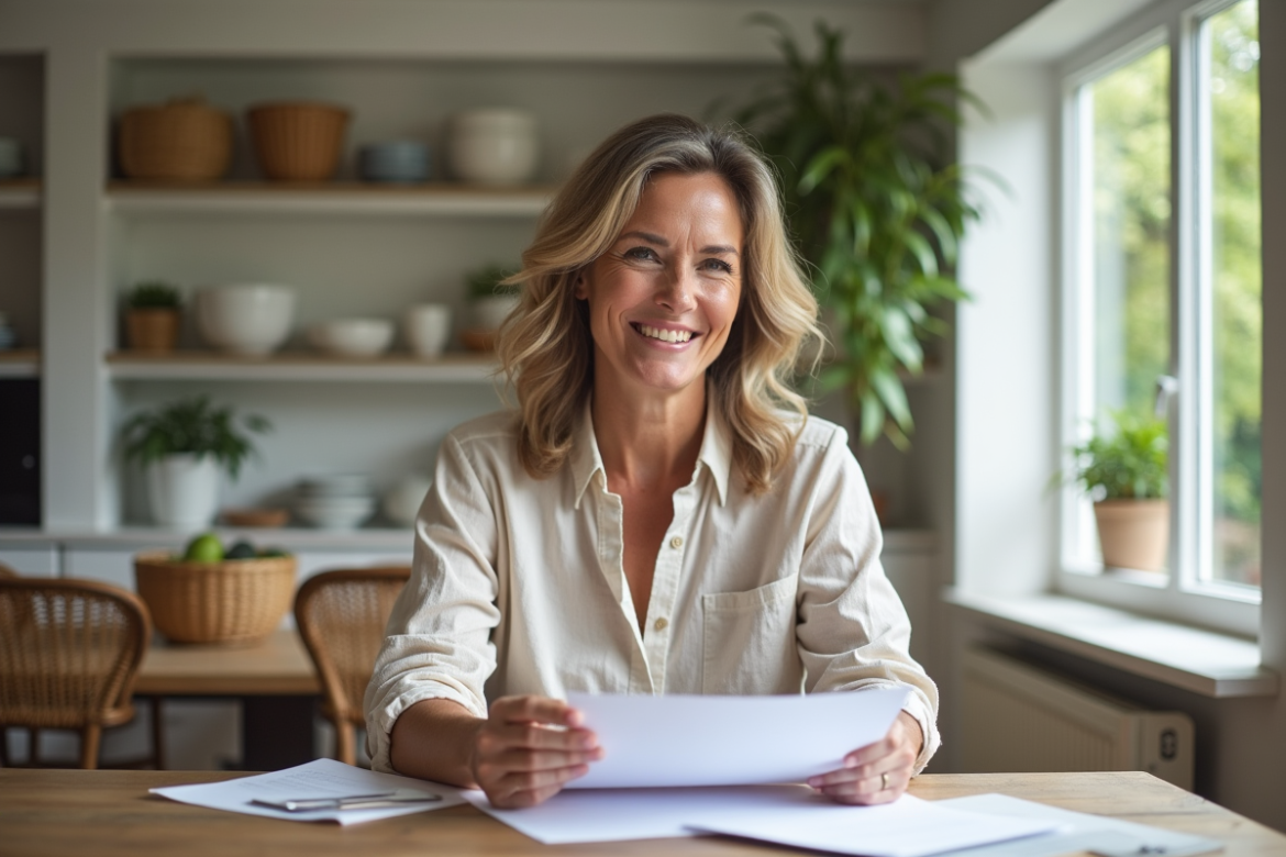 Femme souriante en vêtements printaniers dans une maison rustique
