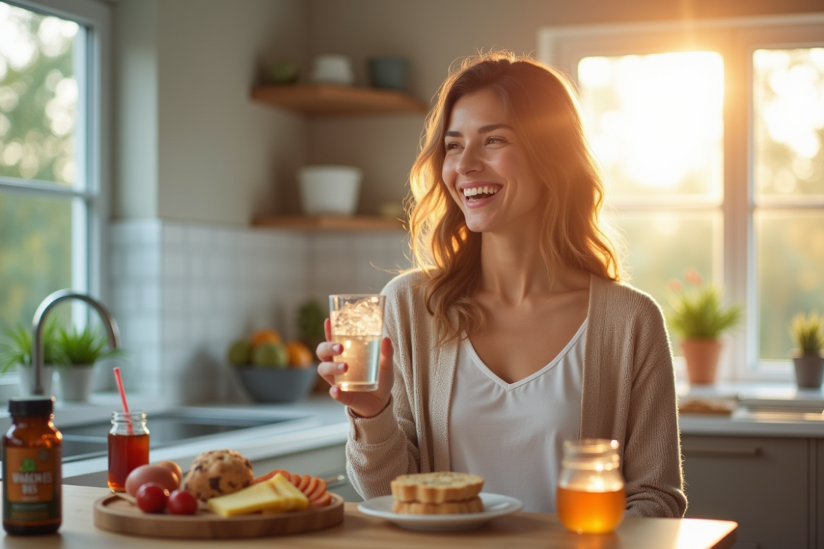 Femme heureuse avec vitamine B5 dans une cuisine lumineuse