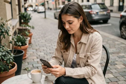 Femme seule dans un café consultant une application de rencontre amicale sur son téléphone
