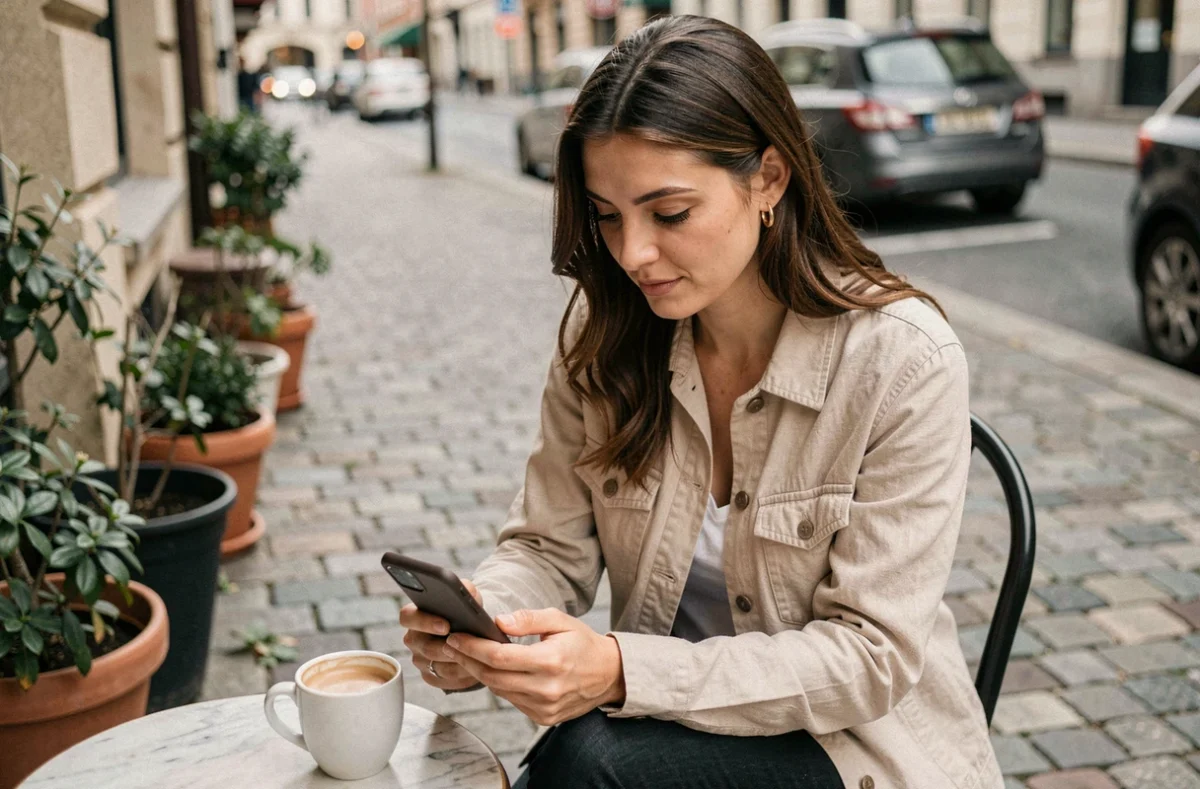 Femme seule dans un café consultant une application de rencontre amicale sur son téléphone
