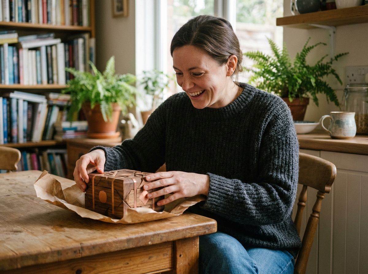 Femme souriante déballant un cadeau en bois dans la cuisine