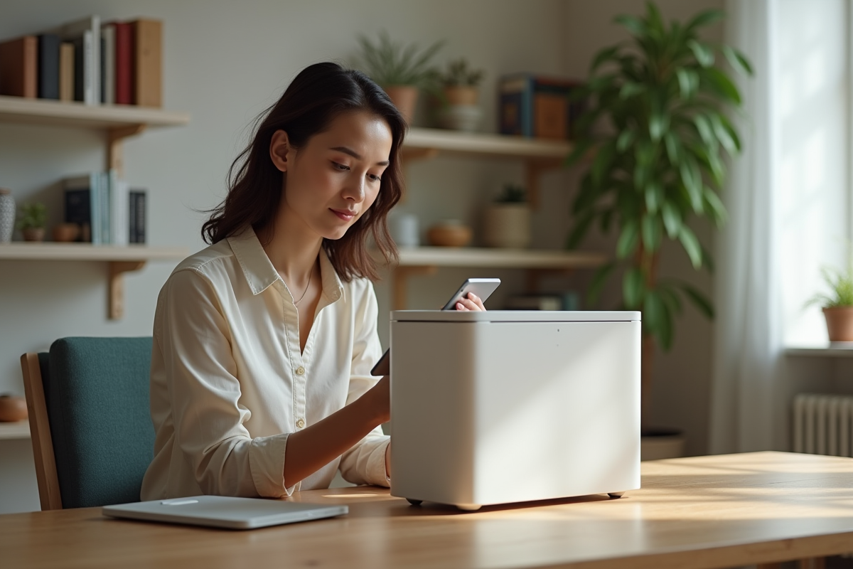 Jeune femme pose une tablette près d une batterie domestique