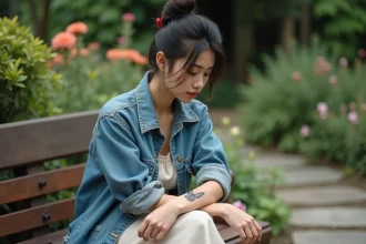 Jeune femme avec tatouage papillon dans un jardin