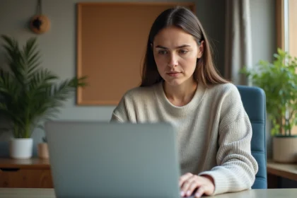 Femme concentrée travaillant sur son ordinateur dans un bureau à domicile