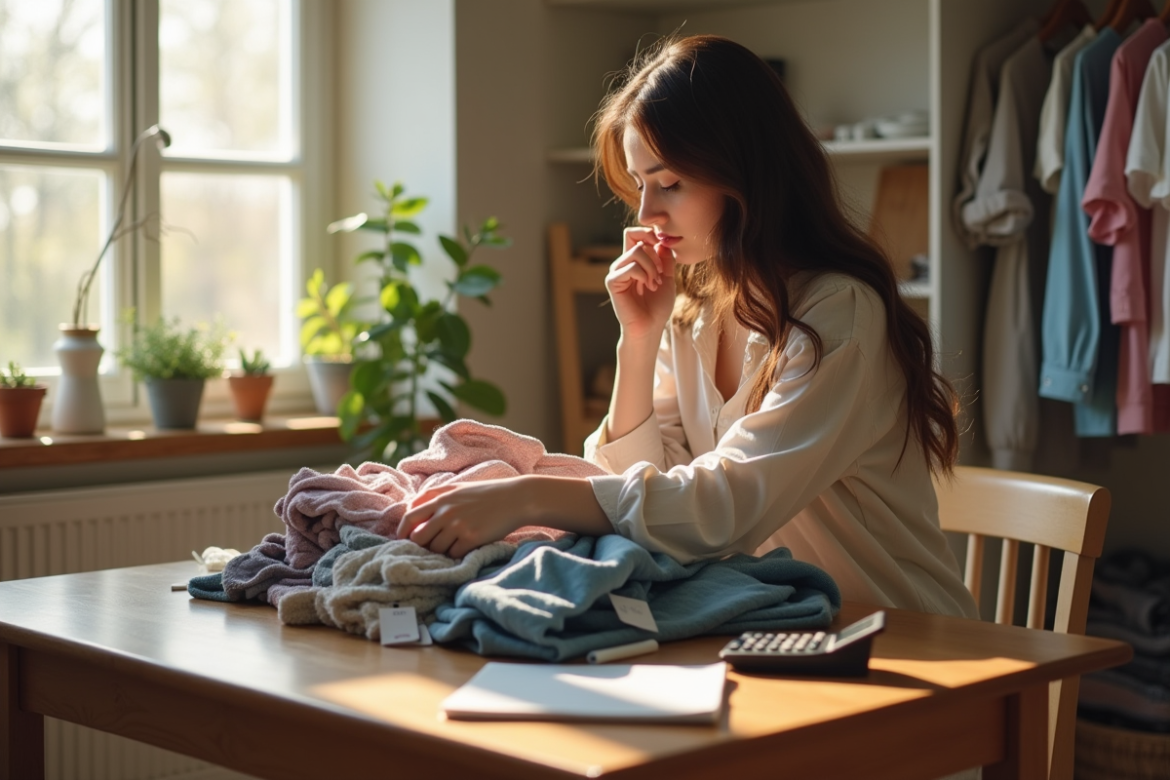 Jeune femme triant des vêtements avec étiquettes et calculatrice