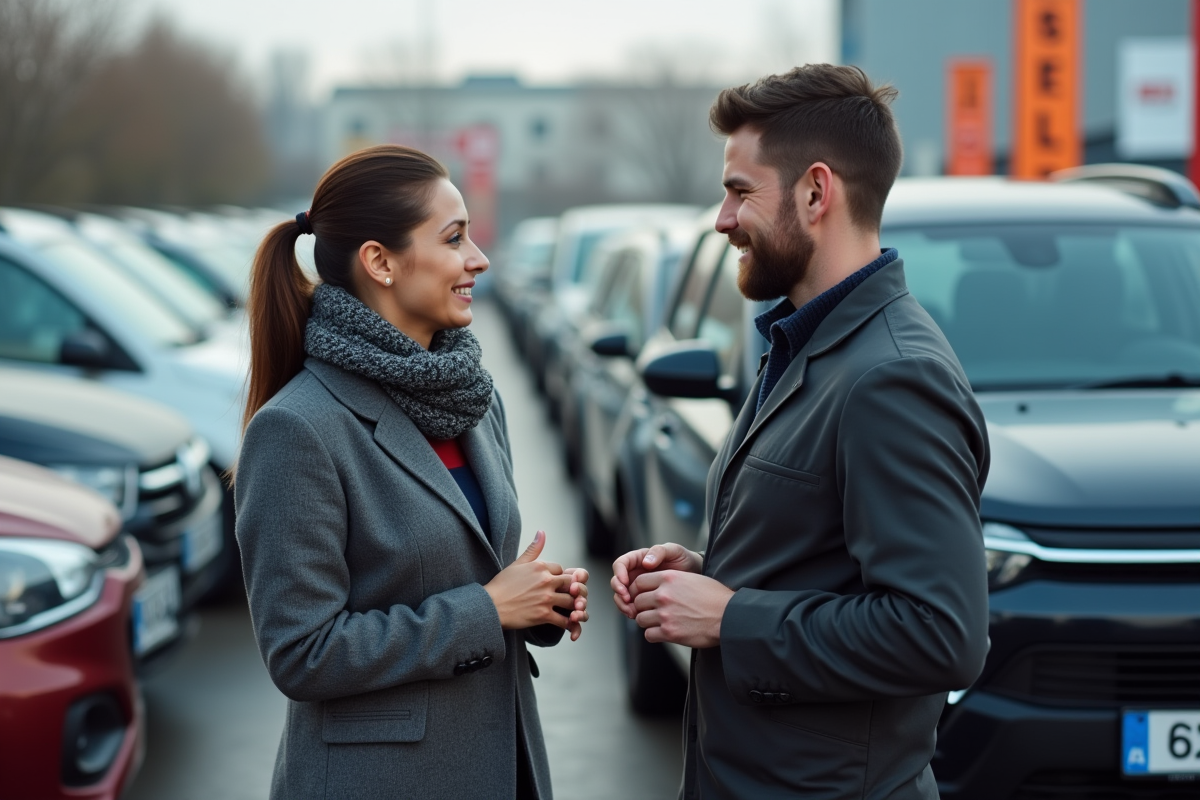 Femme et mécanicien discutent devant des voitures diesel d