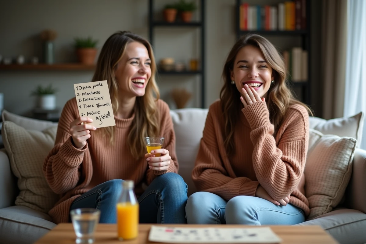 Deux jeunes femmes riant pendant une partie du jeu du palmier alcool dans un salon cosy avec des verres et des cartes
