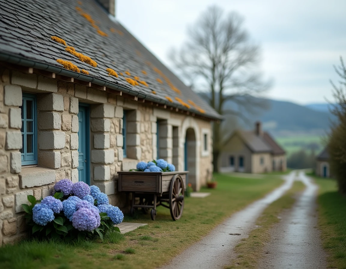 Ferme traditionnelle en granit avec un vieux chariot en bois et des hortensias dans un hameau proche de Saint-Goussaud en Creuse