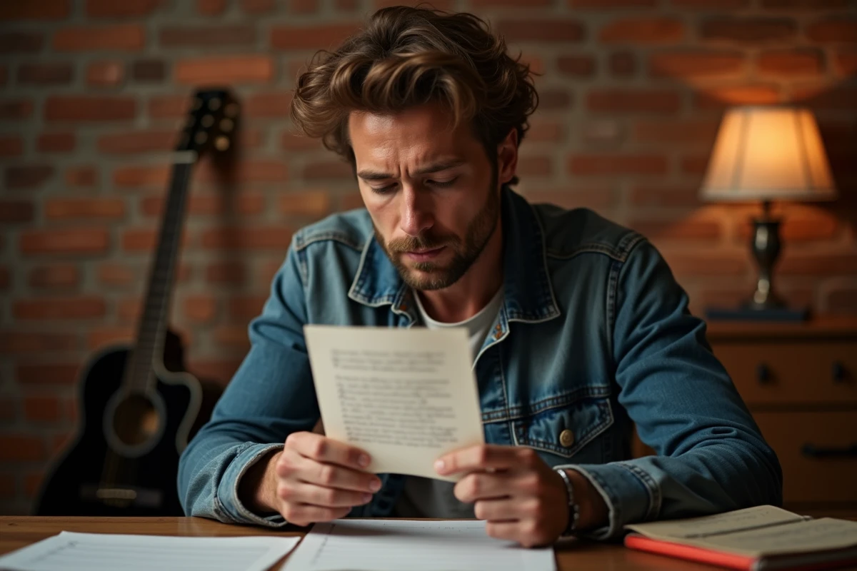 Homme consultant une fiche de paroles imprimée lors d'une répétition musicale dans une salle de répétition