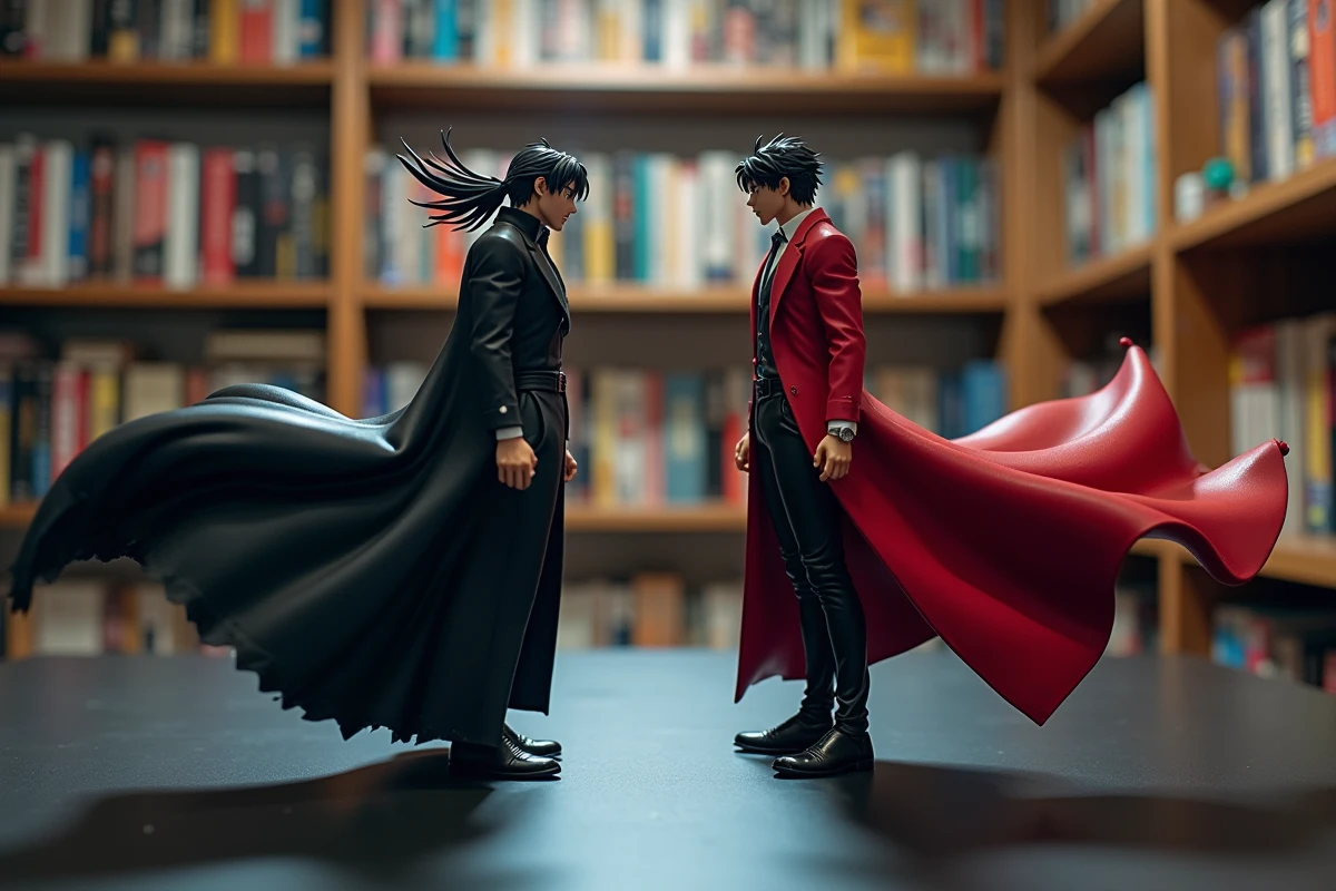 Figurines d'antagonistes emblématiques d'animes en confrontation sur une table de collectionneur