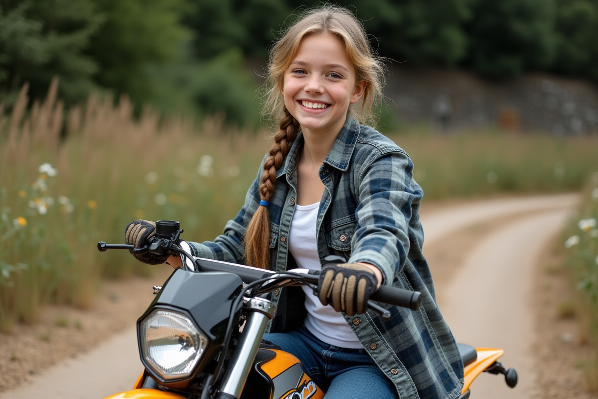 Fille adolescente souriante sur une dirt bike en nature