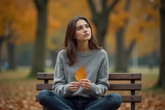Femme contemplative assise seule dans un parc en automne, symbolisant la séparation définitive de la flamme jumelle