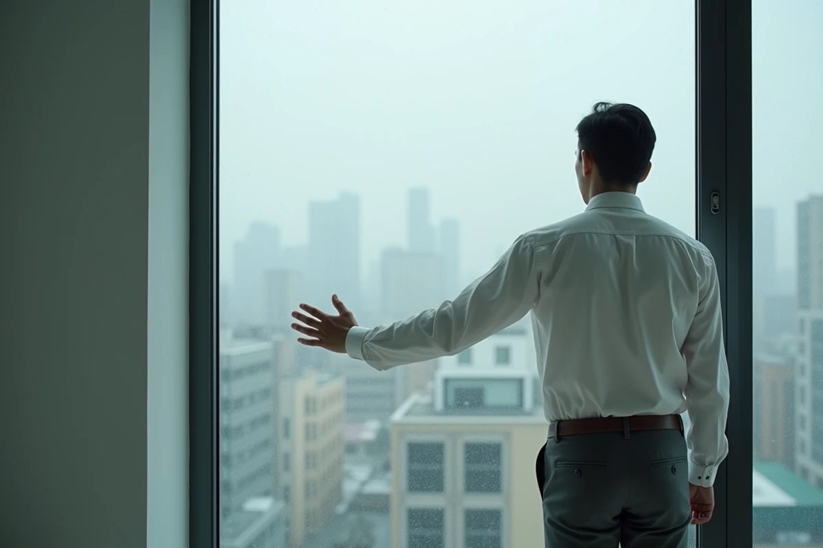 Homme pensif devant une fenêtre sous la pluie dans un appartement minimaliste, évoquant la rupture spirituelle de la flamme jumelle