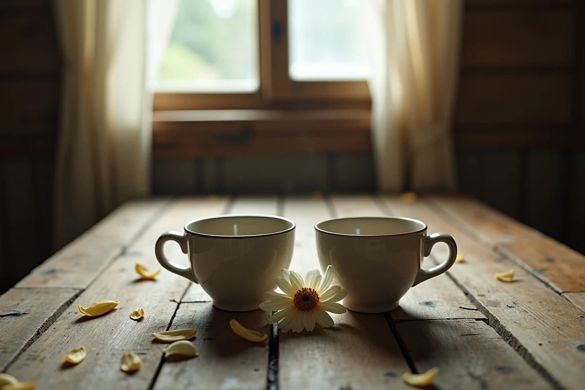 Deux tasses de thé vides et une fleur fanée sur une table en bois, symbole de séparation définitive entre flammes jumelles