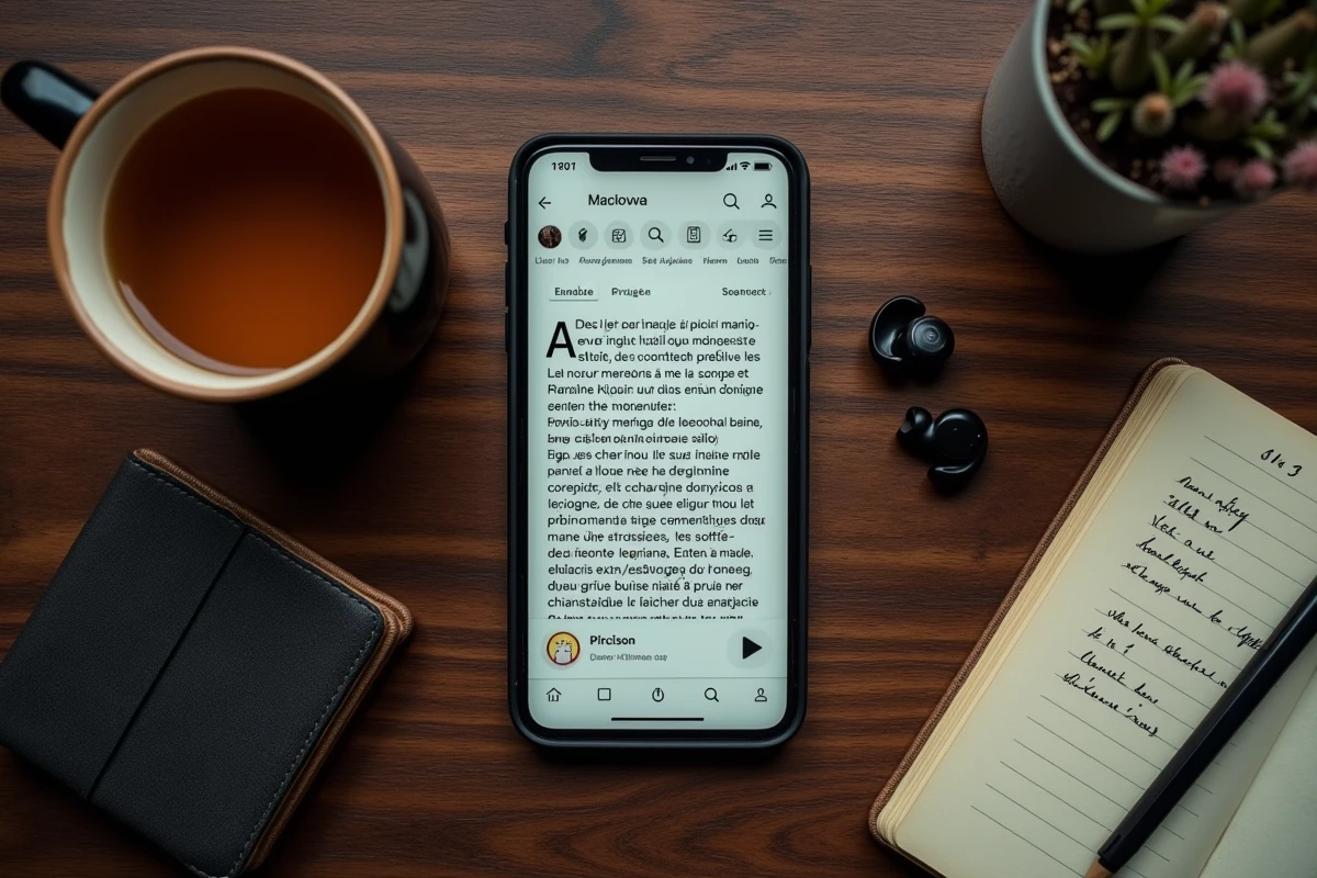 Vue en plongée d'un smartphone affichant une interface de lecture manhwa en français posé sur une table en bois avec une tasse de thé