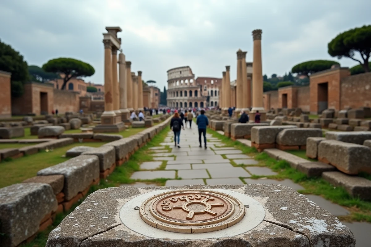 Vue grand angle du Forum romain avec une plaque SPQR en premier plan et le Colisée en arrière-plan