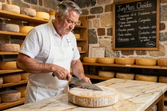 Fromager professionnel coupant une roue de Manchego dans une fromagerie artisanale espagnole