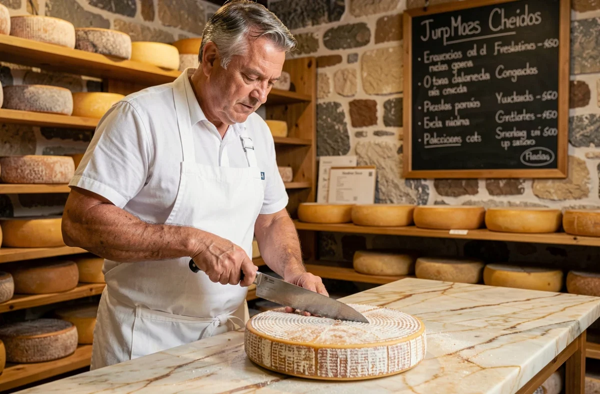 Fromager professionnel coupant une roue de Manchego dans une fromagerie artisanale espagnole