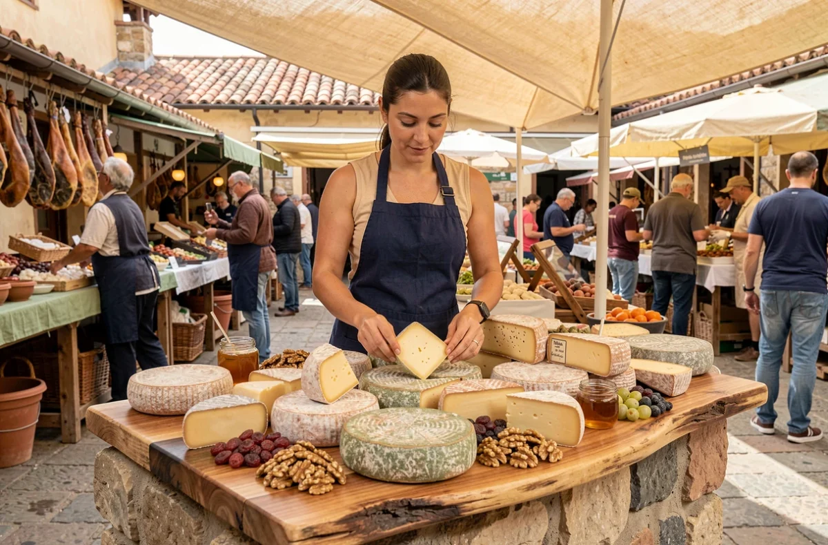 Fromagère espagnole présentant un plateau de fromages régionaux sur un marché traditionnel en plein air