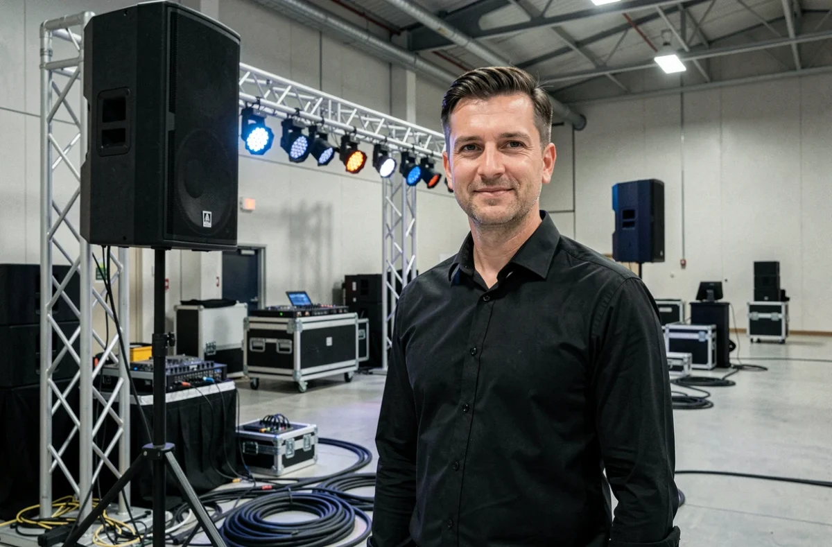 Prestataire événementiel FTH Music Events devant une scène complète équipée avec sonorisation, éclairage et matériel DJ professionnel