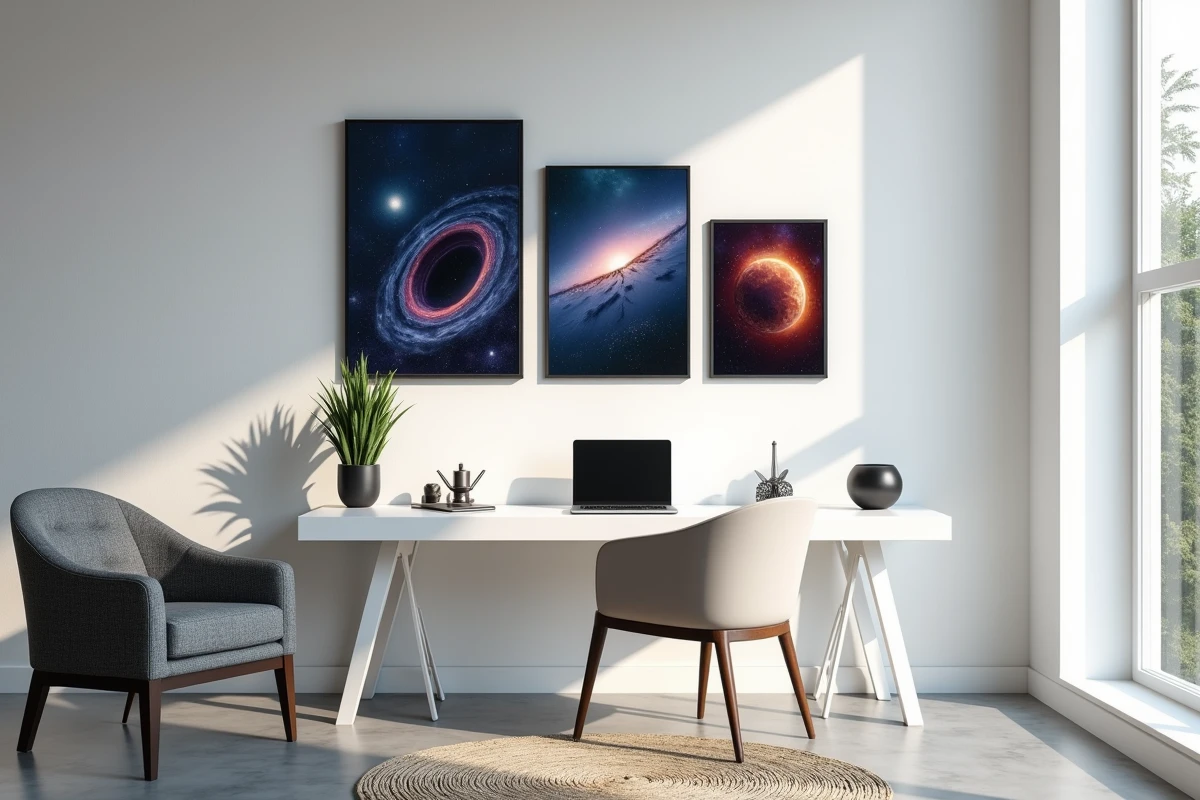 Mur de galerie avec trois peintures futuristes sur le thème de l'espace dans un bureau à domicile moderne