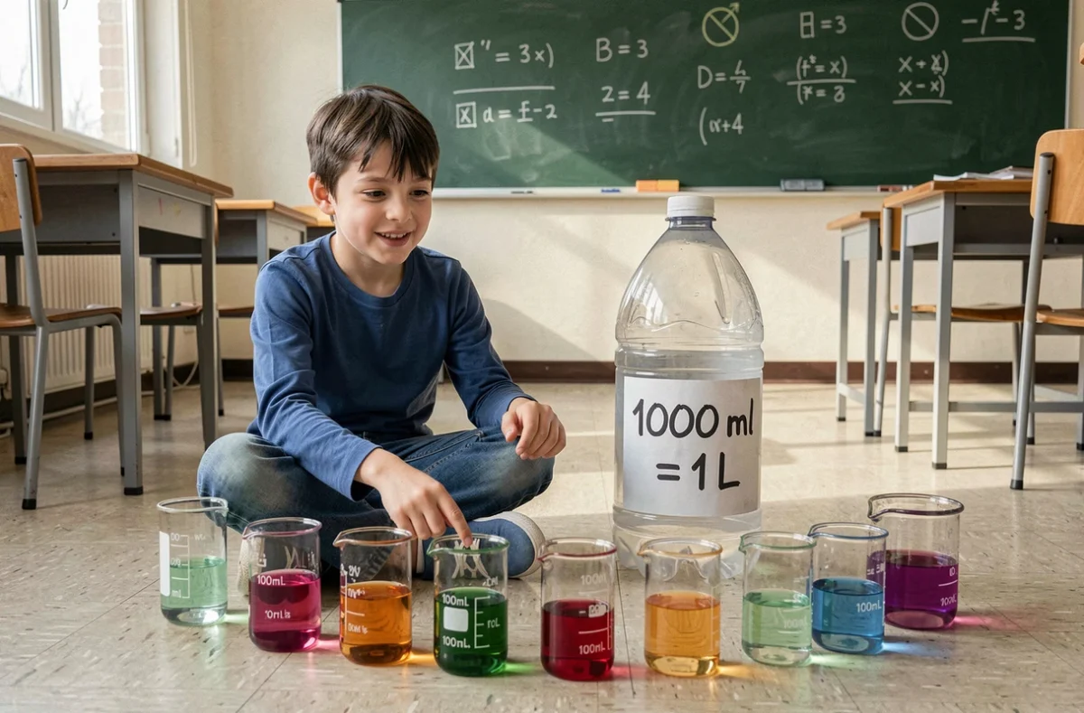 Garçon entouré de béchers colorés de 100 ml illustrant la conversion litre millilitres en classe