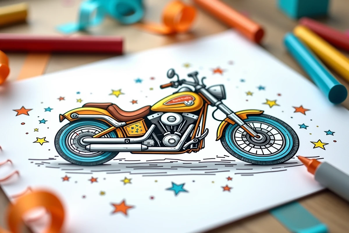 Gros plan sur une page de coloriage moto pour anniversaire partiellement coloriée avec des feutres colorés sur une table festive