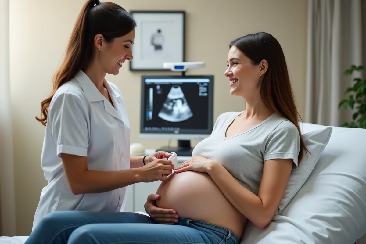 Femme enceinte souriante lors d'une échographie en clinique