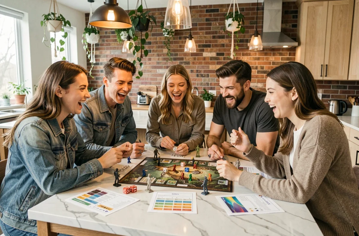 Groupe d'amis et famille jouant à un jeu de plateau autour d'un îlot de cuisine moderne