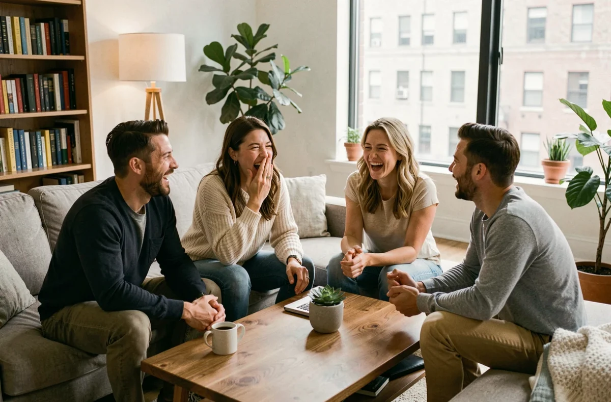 Groupe d'amis adultes éclatant de rire dans un salon moderne lors d'une soirée détendue