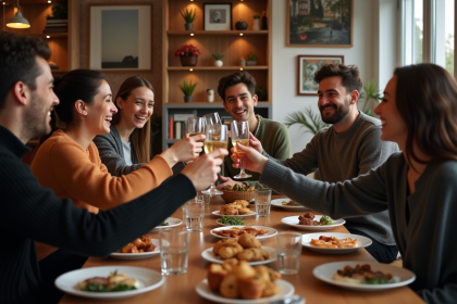 Groupe d'amis riant lors d'un toast dans un appartement chaleureux