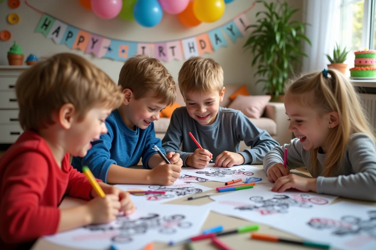 Groupe d'enfants qui colorient des pages de moto autour d'une table lors d'une fête d'anniversaire décorée