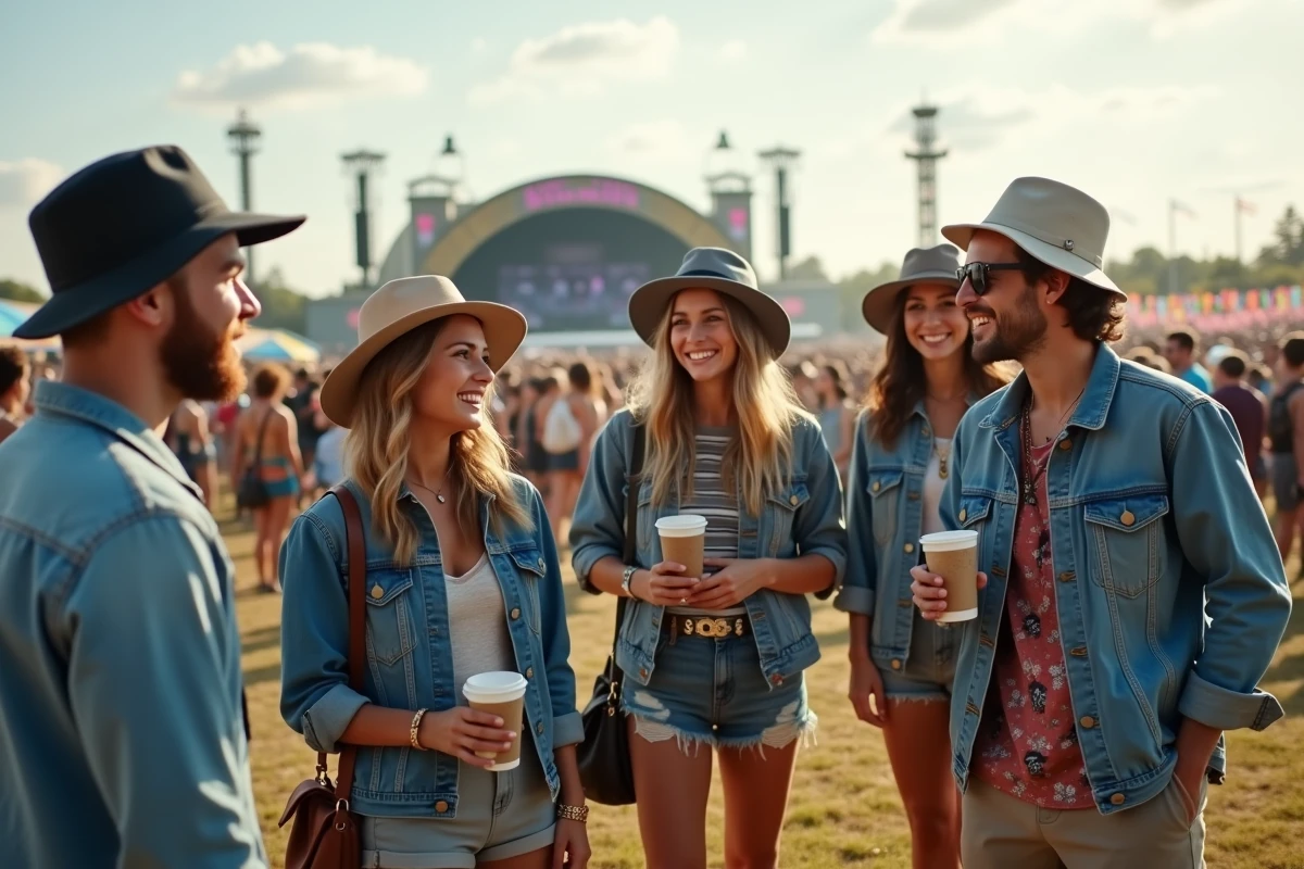 Groupe de festivaliers souriants dans un festival en plein air