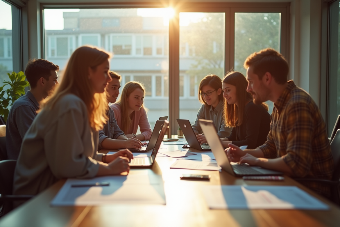 Groupe de jeunes adultes collaborant dans un bureau lumineux