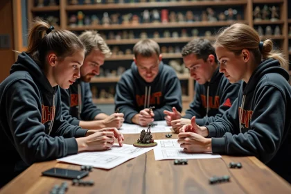 Groupe de joueurs expérimentes autour d'une table de jeu de rôle