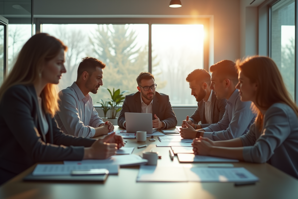 Groupe de professionnels en réunion de brainstorming dans un bureau moderne
