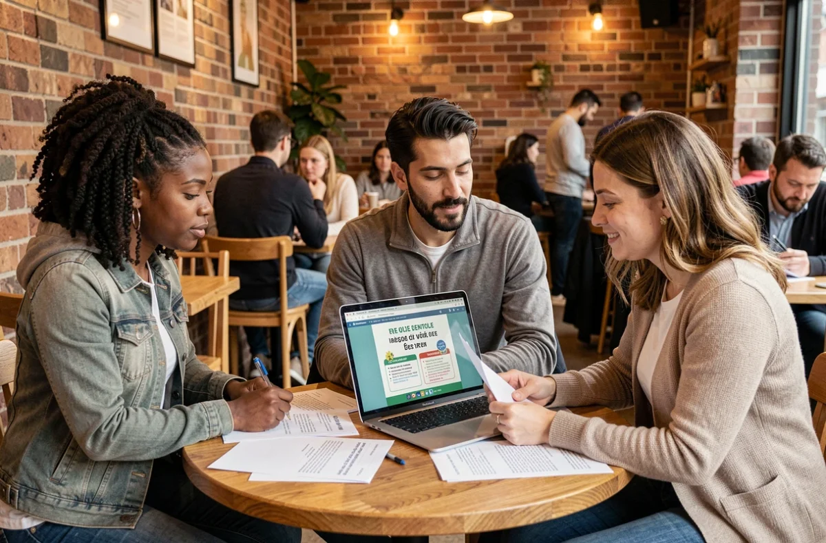 Groupe de candidats à la naturalisation révisant ensemble les questions citoyenneté dans un café parisien