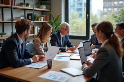 Groupe de professionnels discutant de collecte de fonds en réunion