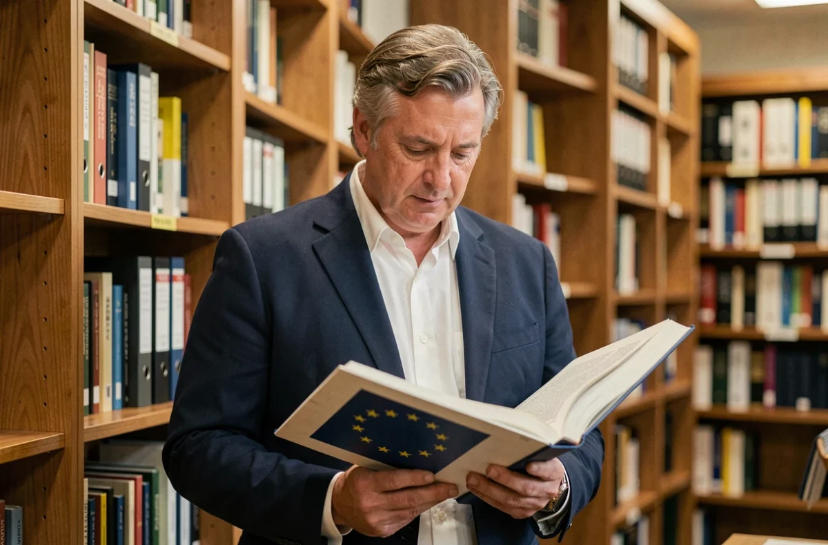 Analyste politique dans une bibliothèque tenant un livre ouvert sur le symbolisme des douze étoiles du drapeau européen