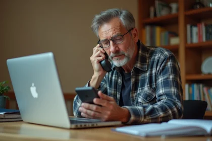 Homme d'âge moyen examinant un vieux téléphone mobile dans un bureau