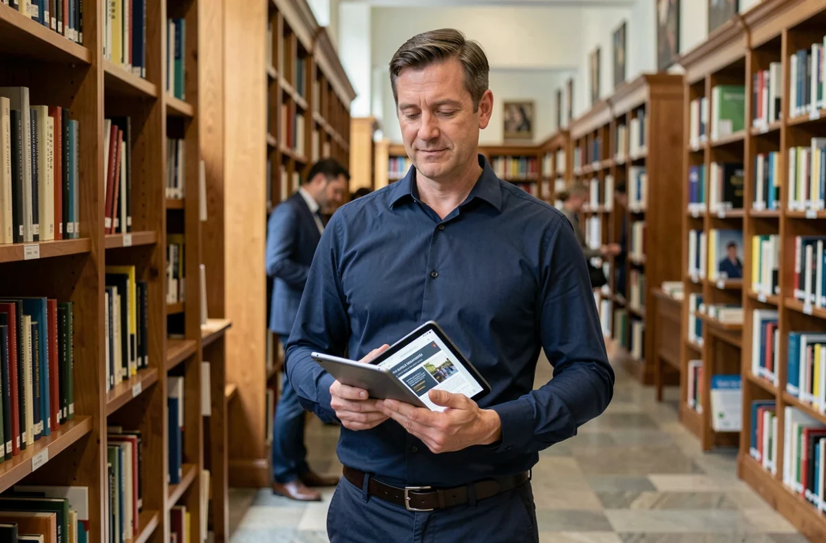 Homme consultant une application légale de lecture numérique dans une bibliothèque publique