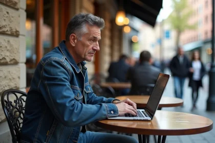 Homme d'âge moyen au café regardant son ordinateur portable