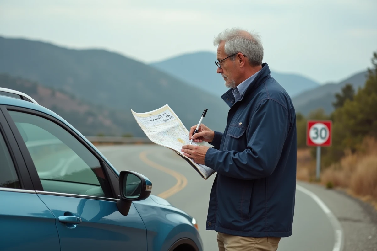 Homme avec carte et carnet au bord d une route panoramique