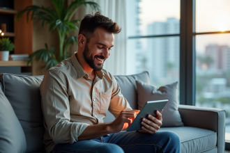 Homme souriant utilisant une tablette pour la domotique dans un salon moderne