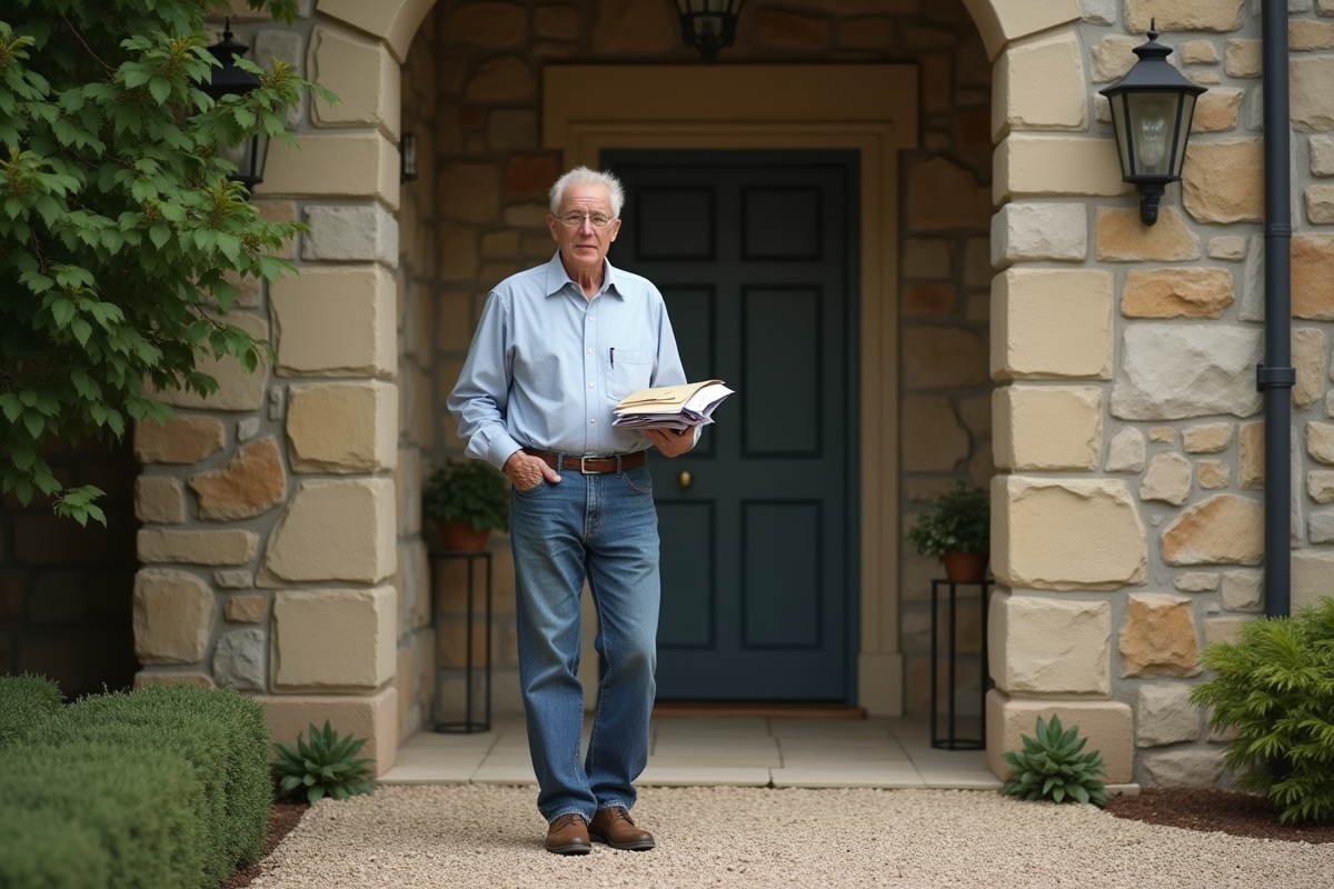 Homme âgé tient courrier devant maison en pierre à la campagne